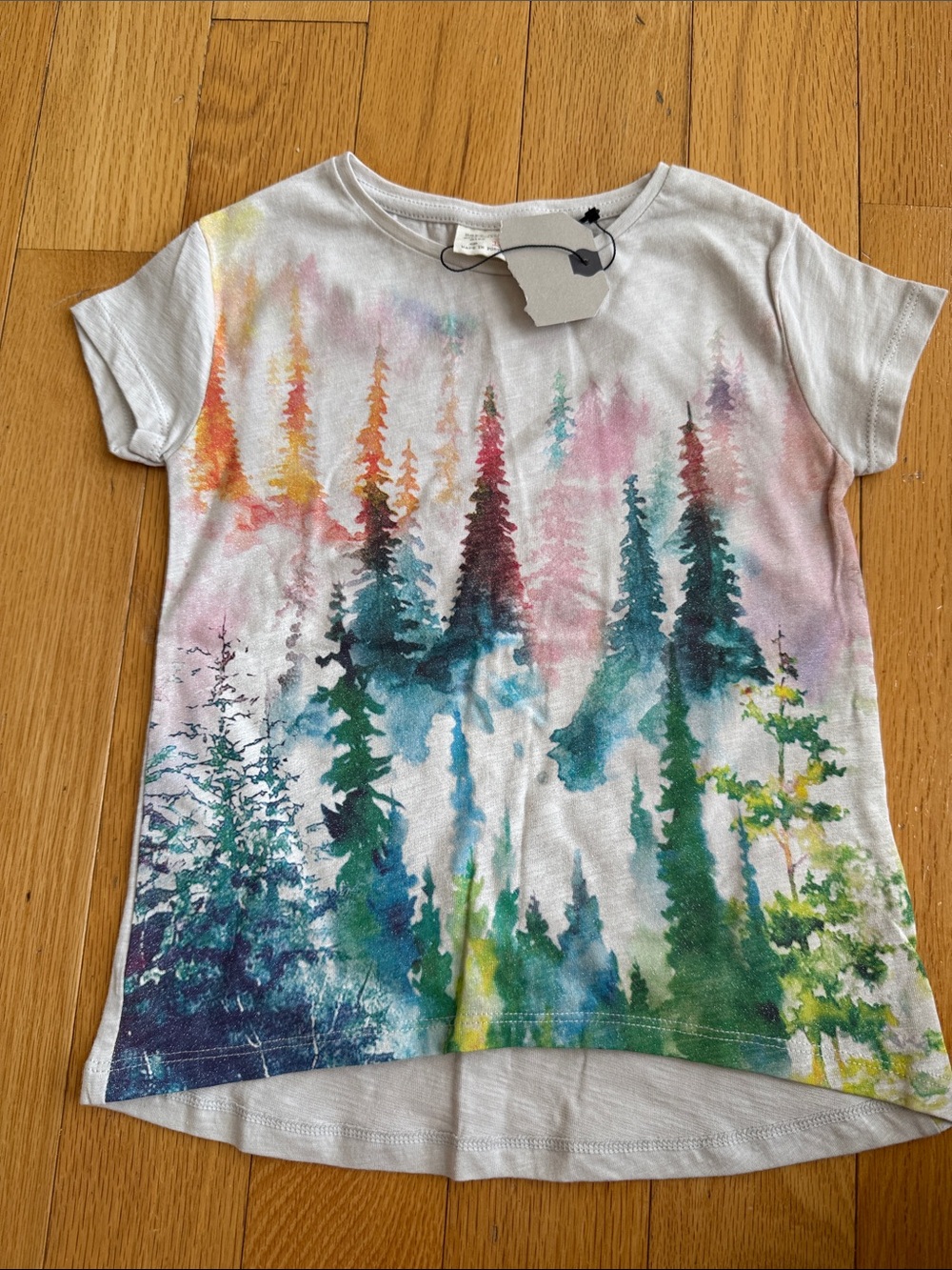 Zara Kids Watercolor Forest Print Tee - White with Multicolor Trees girls size 4